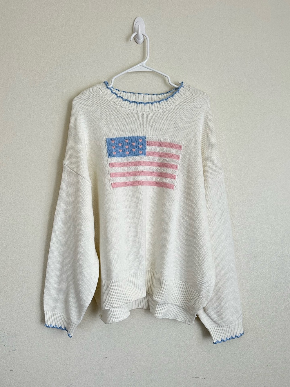 NWOT SoHo & Stella Cream Knit Sweater with Pink & Blue Flag Motif
